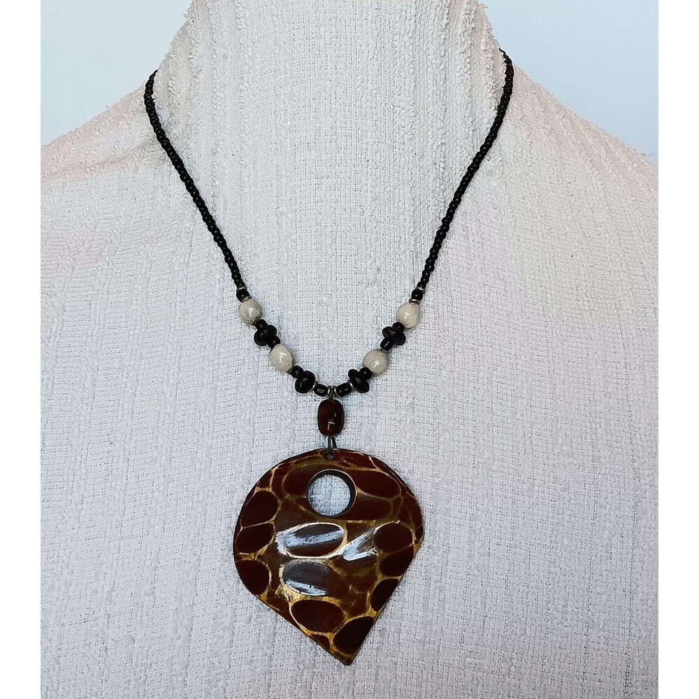 VTG Hand Painted Buffalo Horn Wood Necklace 20” Statement Beaded African Tribal